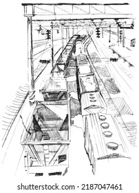 Artistic Linear Sketch Of Rolling Stock. Monochrome Graphic Image Of A Freight Train Top View Perspective Cut. Engraving Style Freight Transport Industry. Human Progress. View Of The Rails From Above