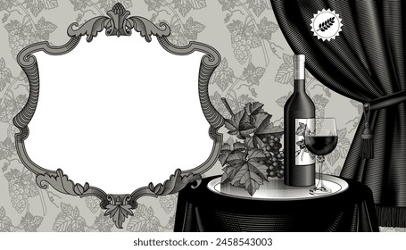 An artistic menu template with a retro signboard in decorative frame, a bottle, a glass of wine and a bunch of grapes on a round tray and a curtain with a vintage engraved style - Powered by Shutterstock