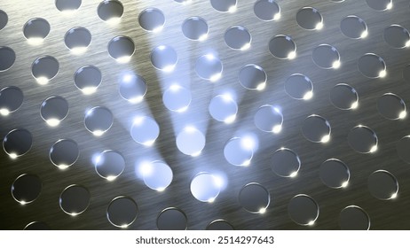 An Artistic and Modern 3D Render of Abstract Light Patterns on a Perforated Metallic Surface with Depth and Reflection. 3D Illustration