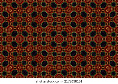 Artistic ornament with glossy and blur effect as graphic design, wallpaper and decoration.  Floral patterns, pluses and circles in red, brown, green, yellow and blue colors.