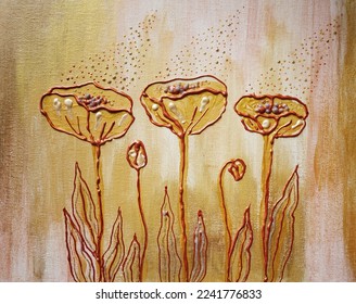 Artistic painting bouquet golden poppies  magic flowers  Picture contains interesting idea  evokes emotions  aesthetic pleasure  Canvas stretched  cardboard  oil natural paints  Concept art texture