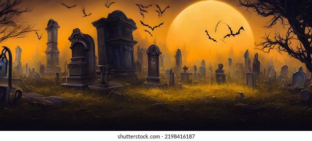 Artistic painting concept of Halloween background with pumpkin in a spooky Graveyard at night, Natural color, digital art style, illustration painting. Creative Design, Tender and dreamy design. - Powered by Shutterstock