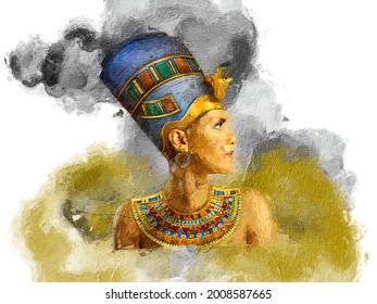 Artistic Painting. Egyptian Queen With Crown Jewels. Cleopatra