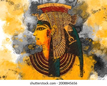 Artistic Painting. Egyptian Queen With Crown Jewels. Cleopatra
