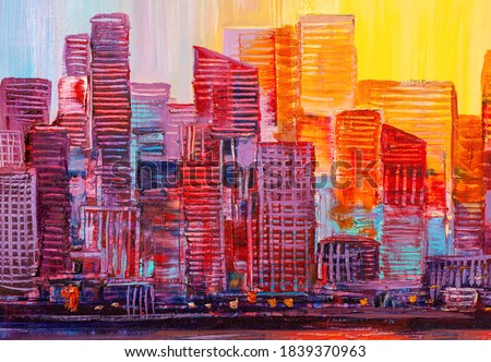 Artistic painting of skyscrapers. Abstract style. Cityscape panorama.