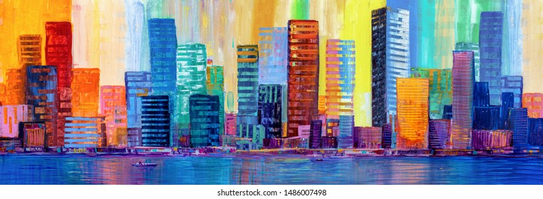 Artistic painting of skyscrapers.Abstract style.Cityscape panorama.