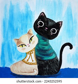 Artistic painting two cats  cozy scarves  14 February Valentines  Picture contains interesting idea  evokes emotions  aesthetic pleasure  Canvas stretched  cardboard  oil natural paints  Concept art