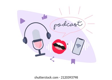 Artistic podcast cover design. female podcast. Set different podcasting stuff. Flat cartoon illustration with different podcast elements. Podcast recording and listening, online broadcasting. - Powered by Shutterstock