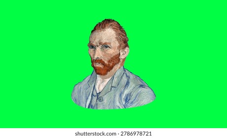 Artistic rendering of a man with a beard in a classic style, set against a bright green background. The style resembles classic portraiture.