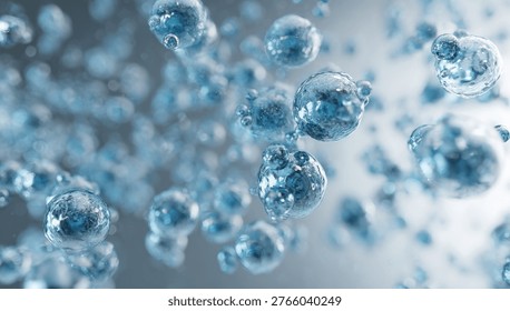 An artistic rendering of numerous transparent bubbles creates a visually striking and abstract composition. The cool color palette evokes a sense of calm and scientific wonder