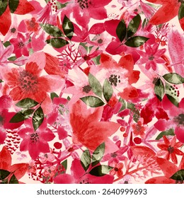 An artistic seamless pattern featuring vibrant, abstract watercolor flowers and foliage with expressive brushstrokes. Ideal for textiles, digital art, contemporary fashion, and bold design projects.
