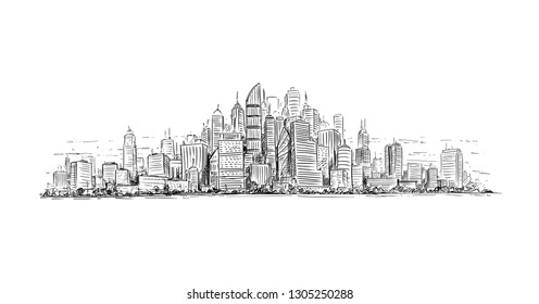 Artistic Sketchy Pen And Ink Drawing Illustration Of Generic City High Rise Cityscape Landscape With Skyscraper Buildings.