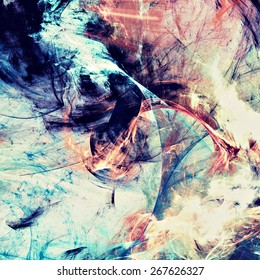 Artistic splashes of bright paints. Abstract retro color background with lighting effect for creative design. Modern futuristic pattern for wallpaper, album, flyer, cover, poster. Fractal artwork
