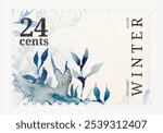 Artistic stamp design with watercolor leaves, priced at 24 cents. Features 