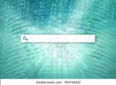 Artistic Turquoise Blue Blurred Word Map Binary Numbers Background With Empty Search Bar Illustration.