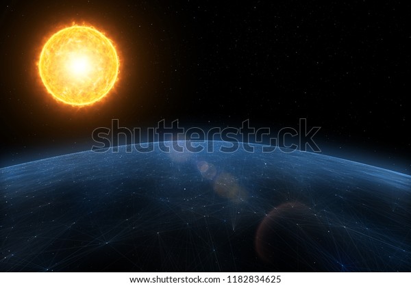Artistic Universe with Sun, planet and stars\
illustration. View from\
space.