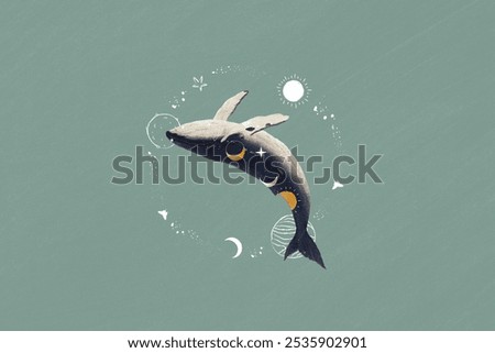 Artistic whale illustration with celestial elements like sun, moon, and stars. Whale surrounded by cosmic symbols, sun, moon, and stars in a mystical design. Vintage whale surreal illustration.