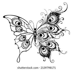 Artistically drawn, contoured, isolated, unusual peacock butterfly, with wings decorated with peacock feathers.Butterfly tattoo style.