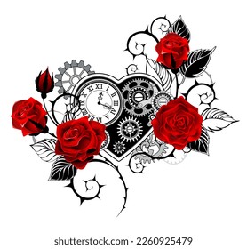 Artistically drawn  mechanical heart and an antique clock  decorated and red roses and black  spiky stems white background  Steampunk style 