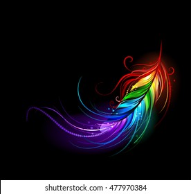 Artistically Painted Rainbow Feather On Black Background.