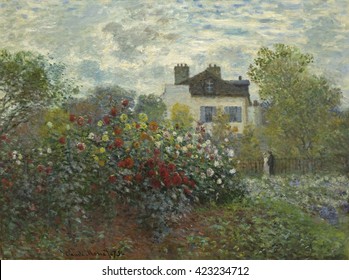 The Artist's Garden in Argenteuil, by Claude Monet, 1873, French impressionist painting, oil on canvas. This painting's alternate title is 'A Corner of the Garden with Dahlias'