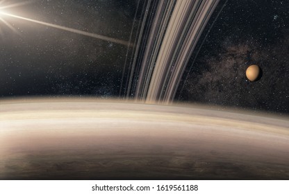 Artist's View Of The Planet Saturn And Its Moon Titan