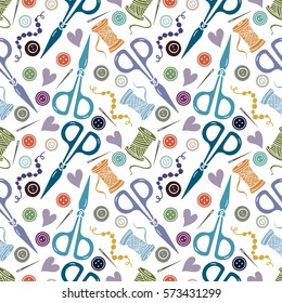 Arts And Crafts Sewing Hand Drawn Supplies, Tools Seamless Pattern