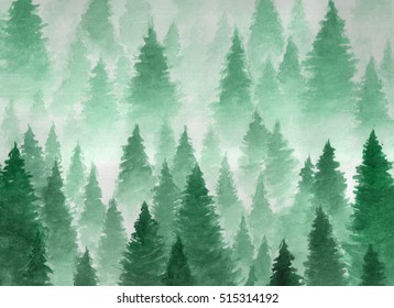 Artwork. Background painted with watercolor. Hand drawn landscape of foggy forest, winter hill. Wild nature, frozen, misty, taiga. Fantasy landscape

