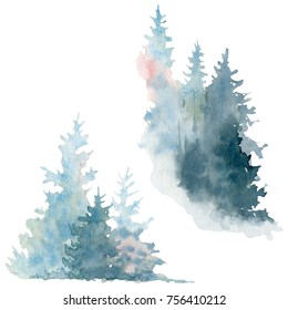Artwork. Background painted with watercolor. Wild nature, frozen, misty taiga Christmas background