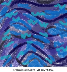 An artwork with a blue background, shaped like ocean waves, carrying an abstract quality and a sense of naivety