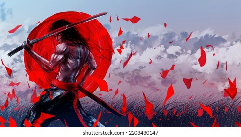 Artwork Illustration Of Fantasy Samurai Or Shogun Japanese Warrior With Sword Posing On Windy Field Landscape Background.