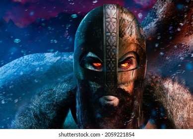 Artwork illustration of fantasy viking warrior face in steel armor helmet, reptile skin, warm clothing and red glowing eyes.