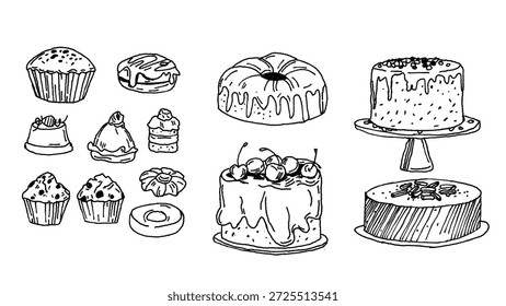 The artwork includes classic bakery items such as bread, cakes, pastries, and desserts, drawn with detailed lines and a retro aesthetic. Perfect for bakery branding, café menus, packaging, food labels, posters, recipe books, restaurant decor, and food-related marketing materials. This vintage-inspired baked goods illustration adds a warm, nostalgic, and artisanal feel, making it ideal for both print and digital design projects, social media visuals, and editorial use