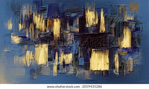 Artwork with\
textured paint strokes, painting on canvas. Acrylic art, artistic\
texture. Abstract grungy background, light hand painted cover,\
backdrop, yellow and dark blue\
color