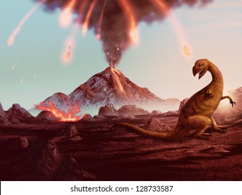 artwork of a violently erupting volcano raining fire down on a helpless dinosaur
