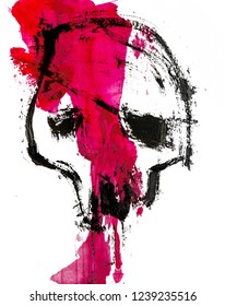 Artwork For Wall Decor. Stylistic Skull Painting. Hand Drawn Illustration For Halloween. Design For  T-shirt, Poster, Tatoo, Music, Logo