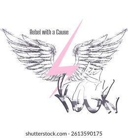 Asas com raio rosa e frase “Bold with a Cause”, estilo grunge e motiVAÇÃO