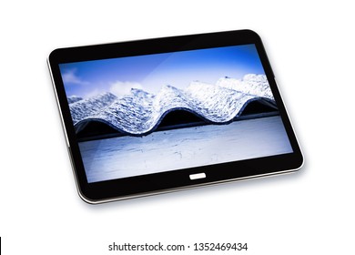 Asbestos roof: one of the most dangerous materials in the construction industry - Concept image with 3D render of a digital tablet on white background for easy selection