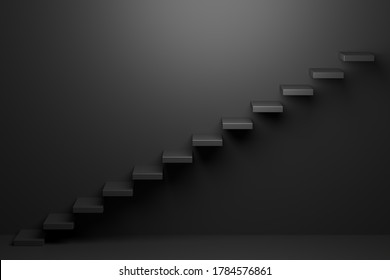 Ascending black stairs of rising staircase going upward in black empty room, abstract 3D illustration. Business growth, progress way and forward achievement problems in the dark creative concept.