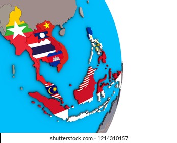 ASEAN Memeber States With Embedded National Flags On Simple Political 3D Globe. 3D Illustration.