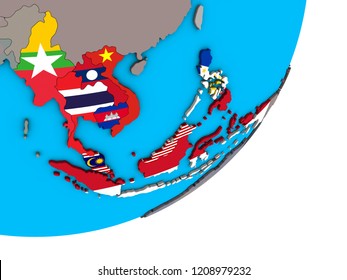 ASEAN Memeber States With National Flags On Blue Political 3D Globe. 3D Illustration.