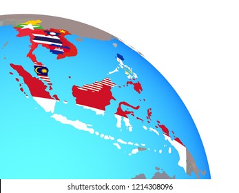 ASEAN Memeber States With National Flags On Simple Blue Political Globe. 3D Illustration.