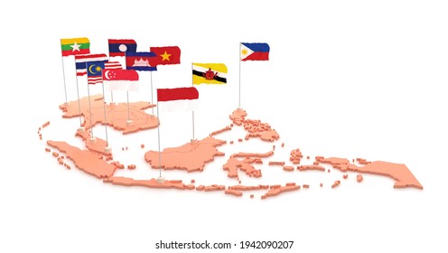 Asean Union. Asean Countries Map And Flag 3D Illustrations On A White Background.