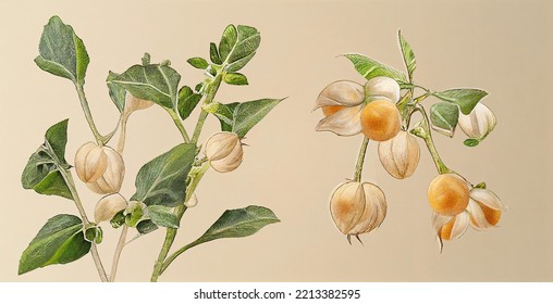 Ashwagandha (Withania Somnifera). Botanical Illustration On White Paper. The Best Medicinal Plants, Their Effects And Contraindications. Natural Medicine. Plant Properties.