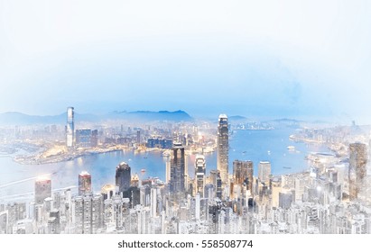 Asia Business Concept - Panoramic Modern Cityscape Building Bird Eye Aerial Night View In Hong Kong (HK), China. Mix Hand Drawn Sketch Illustration