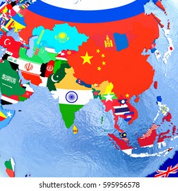 Asia On Political Globe National Flags Stock Illustration 595956578 ...
