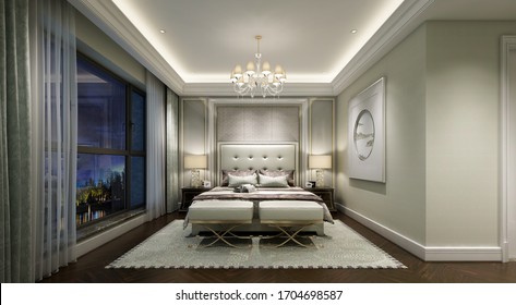 Asia Style Bedroom. Modern Bedroom. 3D Rendering, 3D Image. Luxury Studio Apartment. Night Outside The Window, Luxurious Chandelier And Premium Bed