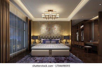 Asia Style Bedroom. Modern Bedroom. 3D Rendering, 3D Image. Luxury Studio Apartment. Night Outside The Window