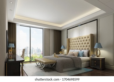 Asia Style Bedroom. Modern Bedroom. 3D Rendering, 3D Image. Luxury Studio Apartment. Blue Sky And Building Outside The Window. A Golden Teapot Was Placed On The Bed