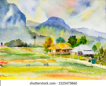 Asia View Paintings Watercolor Landscape Original Stock Illustration ...